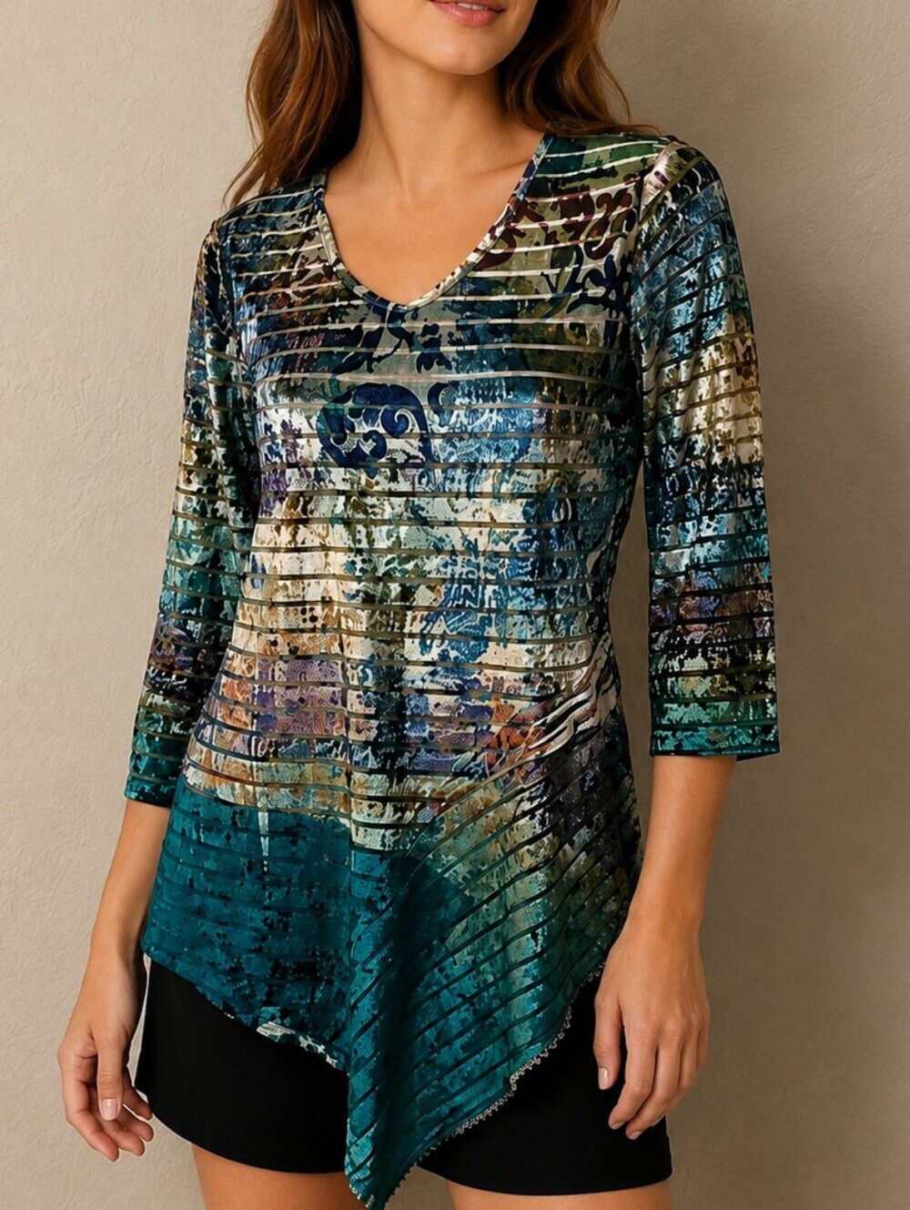 ONE WORLD Turquoise Striped Velvet Burnout Assymetric V-Neck Tunic Small